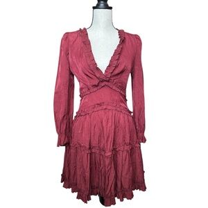 MABLE Ruffled Boho Deep Wine Red Long Sleeve Tiered Mini Dress – Small